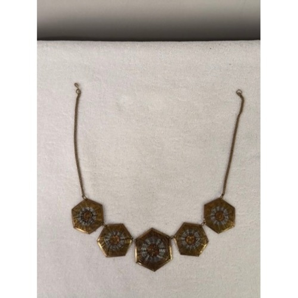 Vintage Mixed Metal Wire Wrapped Hexagon Bib‎ Necklace Gold Silver Copper Tones